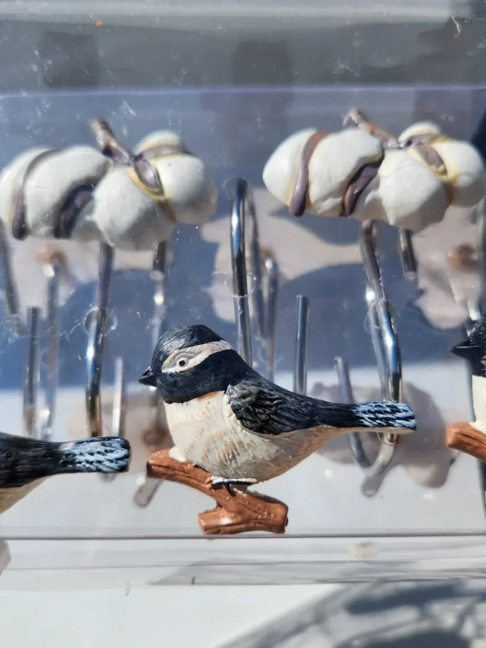 NEW Shower Curtain Hooks Multicolor Chickadee Bird Bathroom Decor Cotton Ball Pl